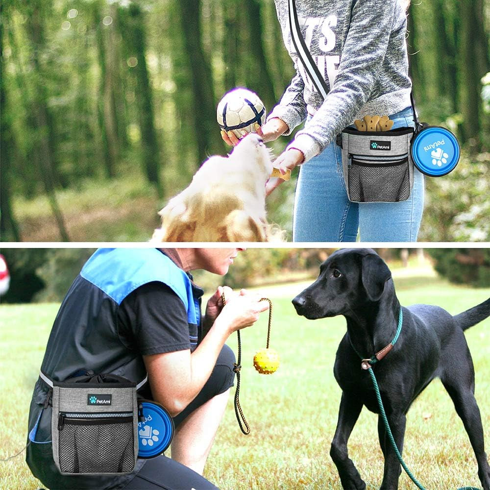 Dog Treat Pouch, Pet Treat Pouch for Training, Dog Walking Bag Holder for Kibbles, Pet Food Toy, Dog Trainer Essentials Supplies, Poop Bag Dispenser, 3 Ways to Wear (Heather Gray)